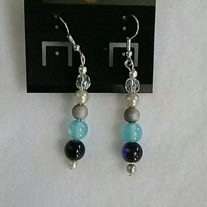 Beaded blue & silver hook earrings